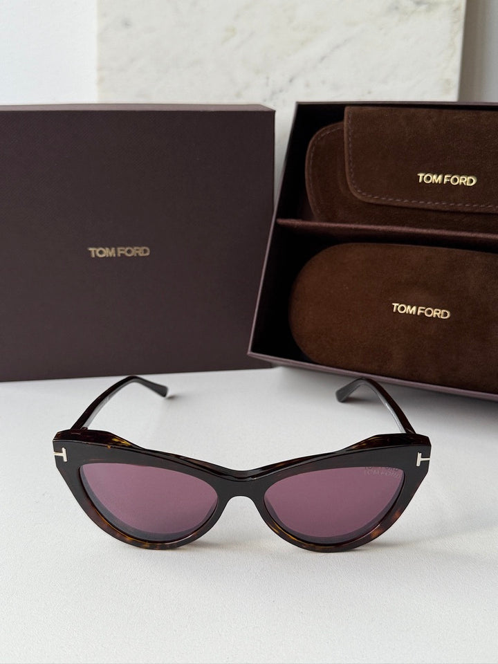 Tom Ford cat-eye sunglasses, havana-brown frames with purple-tinted lenses