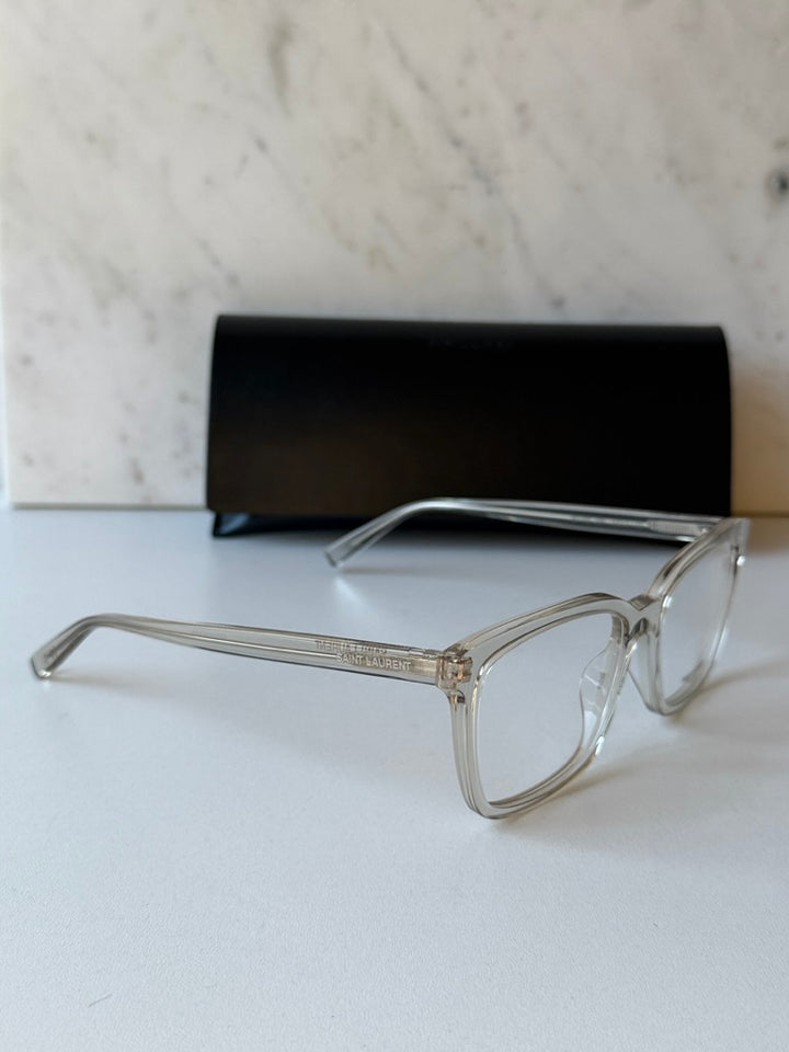 Clear rectangular eyeglass frames with side angle, metal temple with engraving