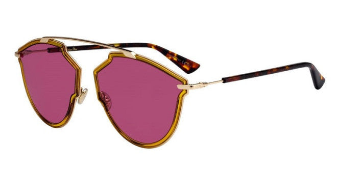 Gold aviator sunglasses with purple lenses and pink gradient temples