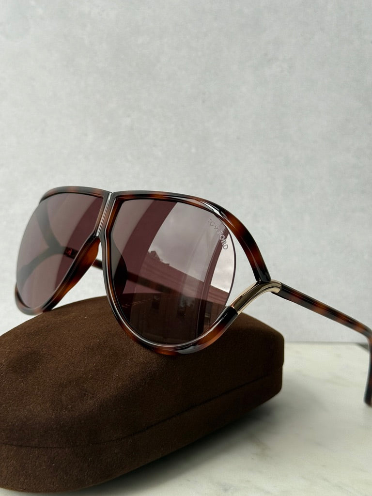 Aviator sunglasses, havana brown frame with large dark lenses and silver hinges