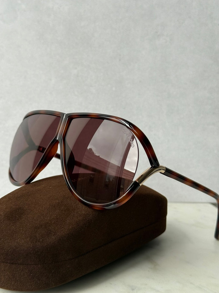 Aviator sunglasses, havana brown frame with large dark lenses and silver hinges