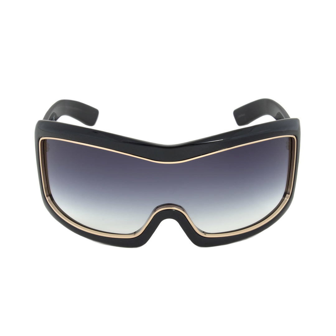 Oversized mask sunglasses, black with gold trim, large gradient lenses