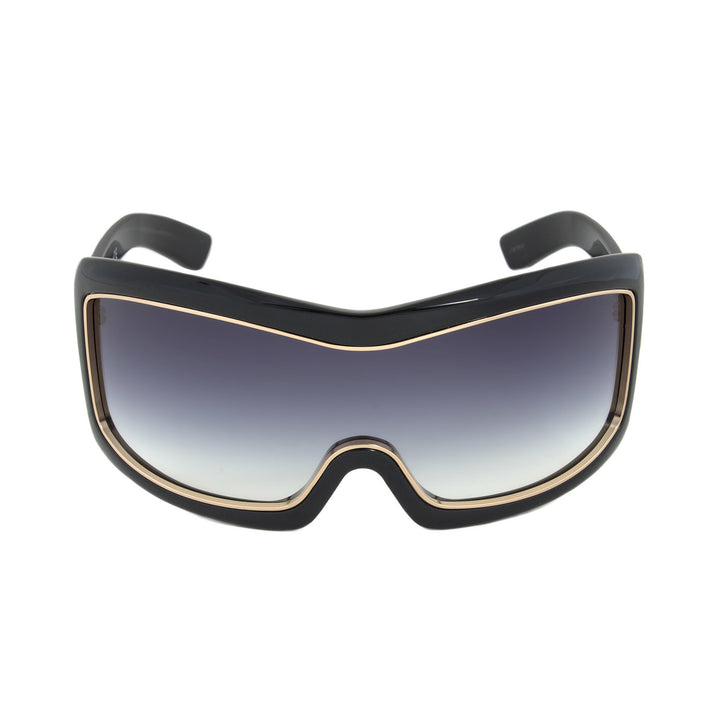 Oversized mask sunglasses, black with gold trim, large gradient lenses