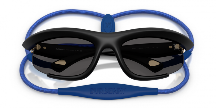 Burberry sunglasses front view with blue strap loop and dark tinted lenses