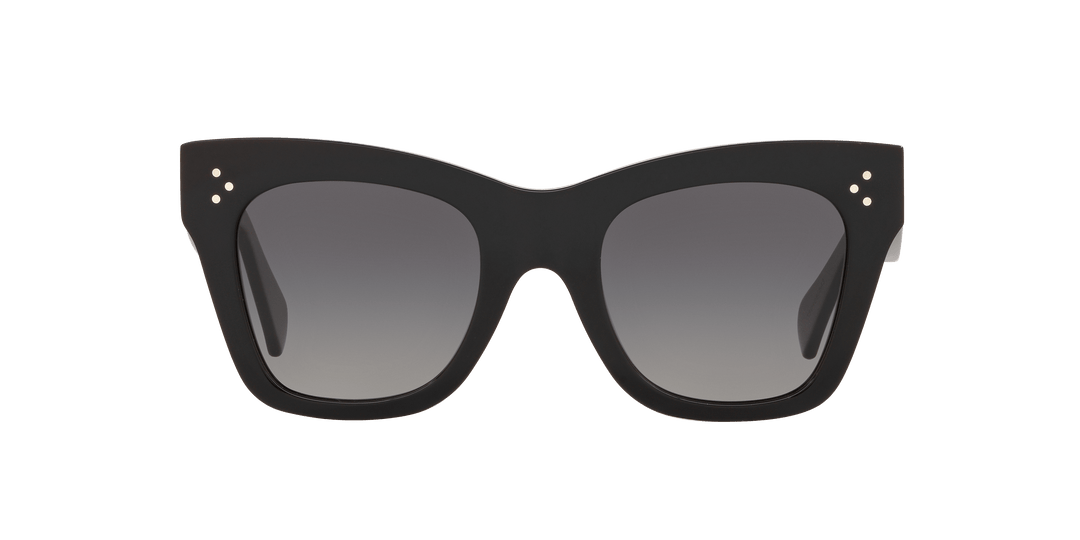 Black cat-eye sunglasses with gray lenses and gold-tone stud accents