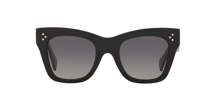 Black cat-eye sunglasses with gray lenses and gold-tone stud accents