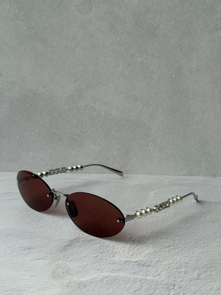 Gucci GG1922S Rimless Oval Pearl Sunglasses in Silver Red