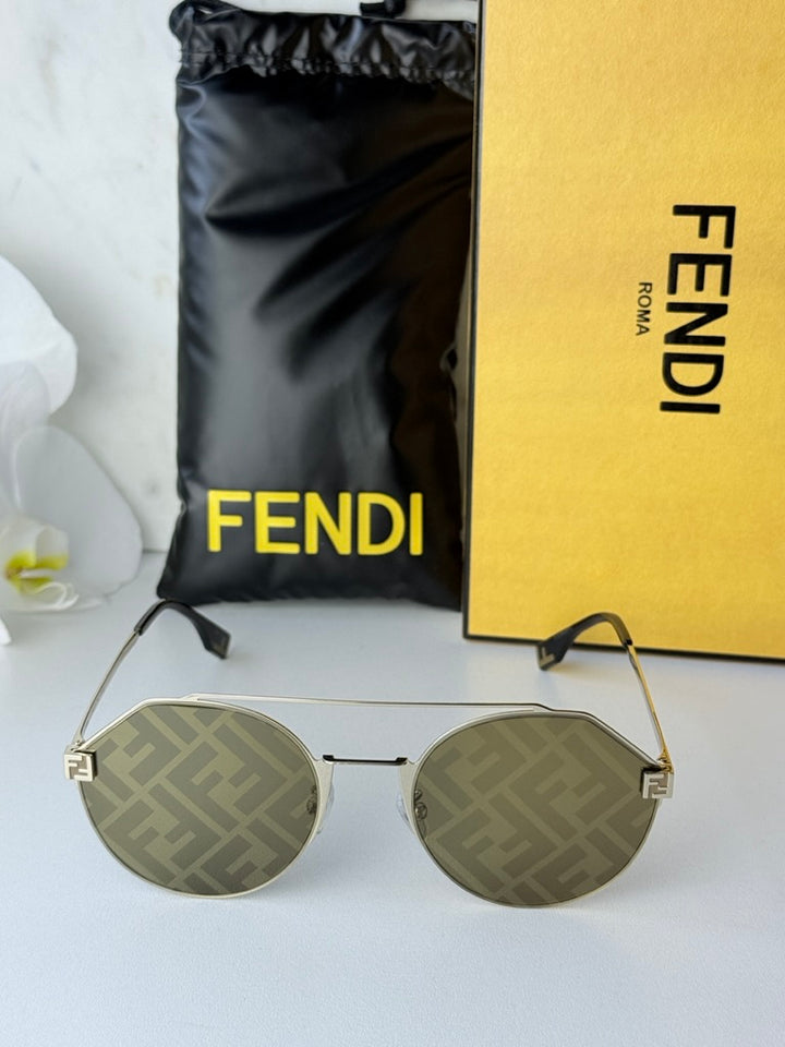 Round gold sunglasses with FF-pattern mirrored lenses and logo bridge detail