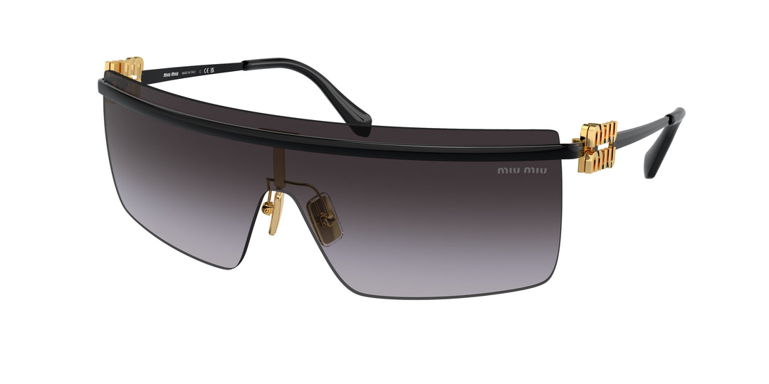 Miu Miu sunglasses with black frames and gold accents, shield lenses.