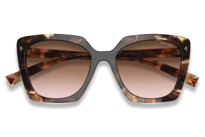 Havana brown square sunglasses with pink-tinted lenses and PRADA logo on temple