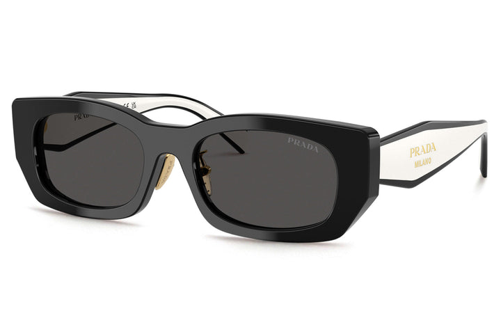 Prada black sunglasses with dark lenses and white temple arms, full front view.