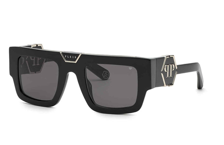Philipp Plein black square sunglasses with dark lenses and gold-tone logo detailing