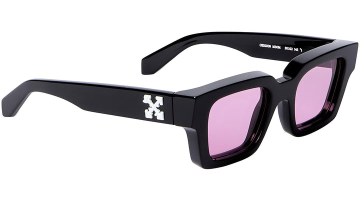 Off White Virgil sunglasses with black logo temple and pink tinted lenses