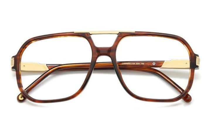 Carrera brown horn full-rim eyeglass frames with gold-toned bridge and temple details