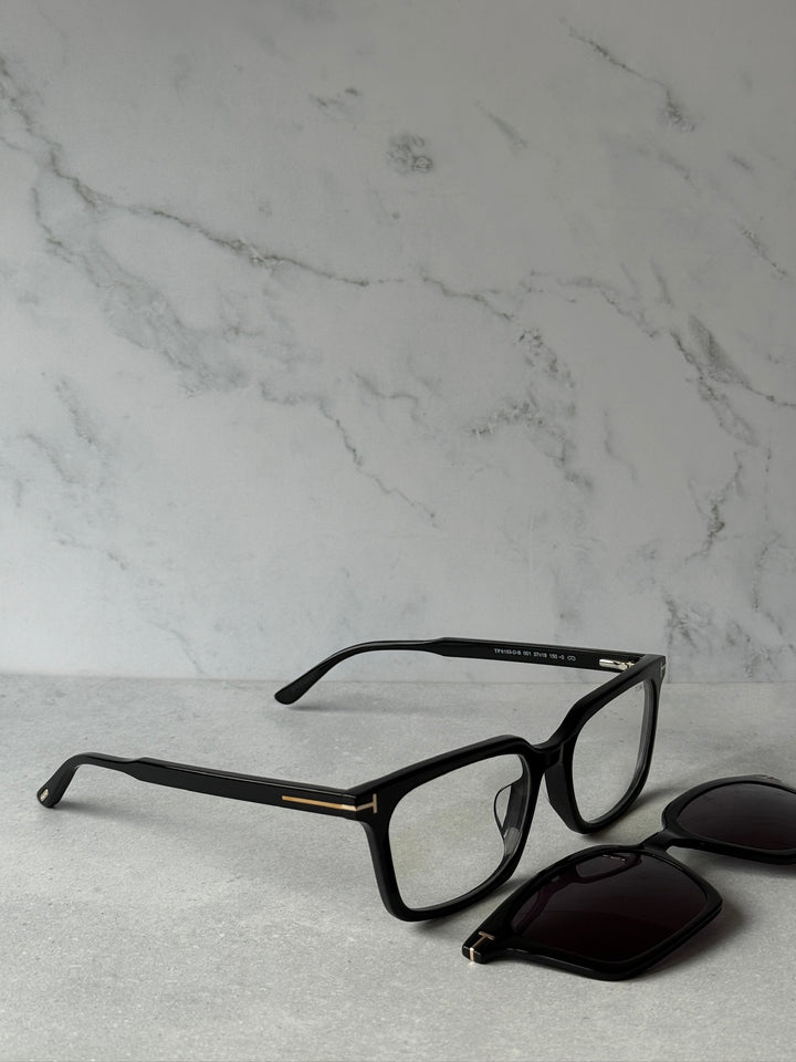 Black rectangular sunglasses set with clear frame and dark clip-on lens