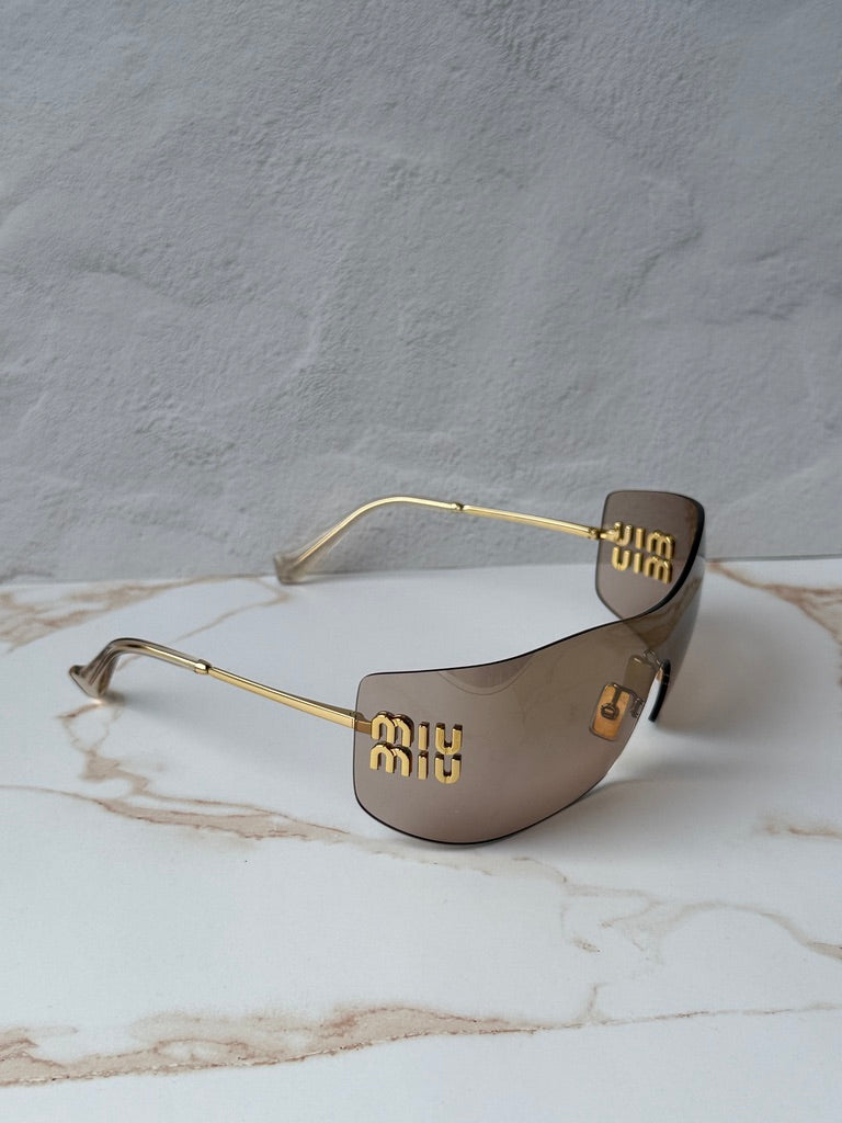 Miu Miu MU B53S Brown Mirror Rimless Mask Sunglasses