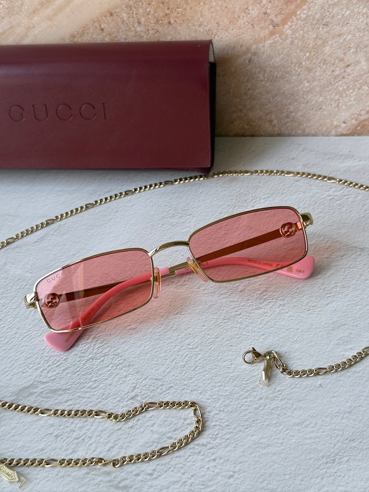 Gucci GG1600S Gold Pink Chain Rectangular Sunglasses