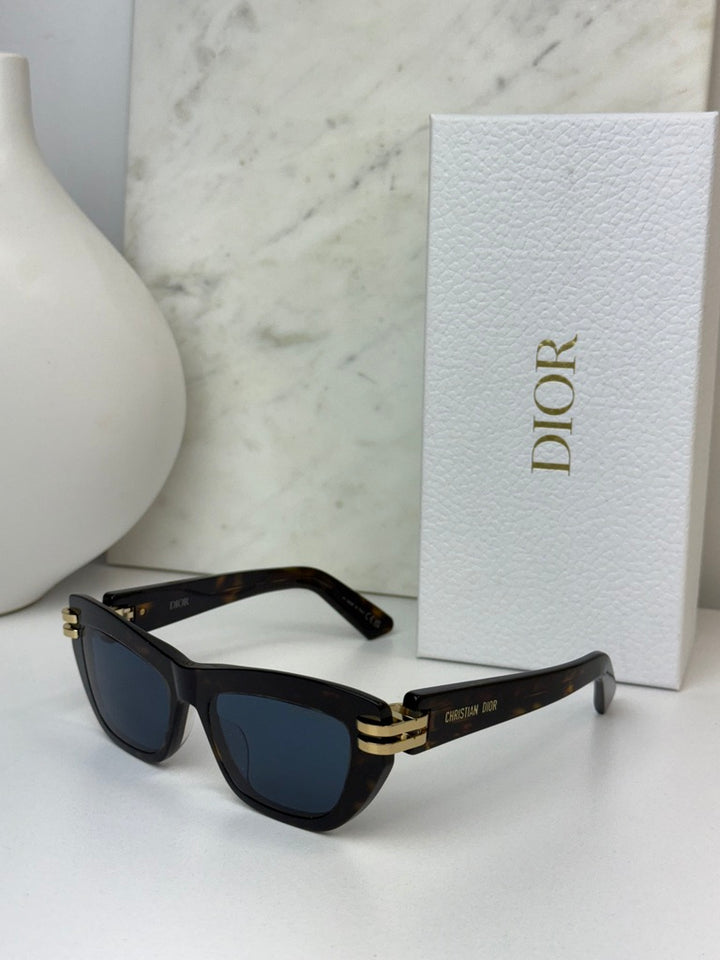 Havana brown Dior sunglasses with blue-tinted lenses and gold bridge detail