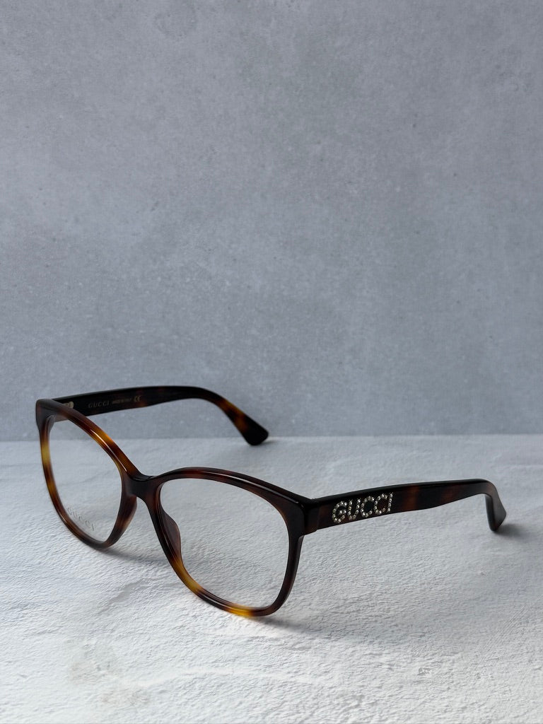 Gucci GG0421O Crystal Logo Cat Eye Eyeglasses Frames in Havana Brown