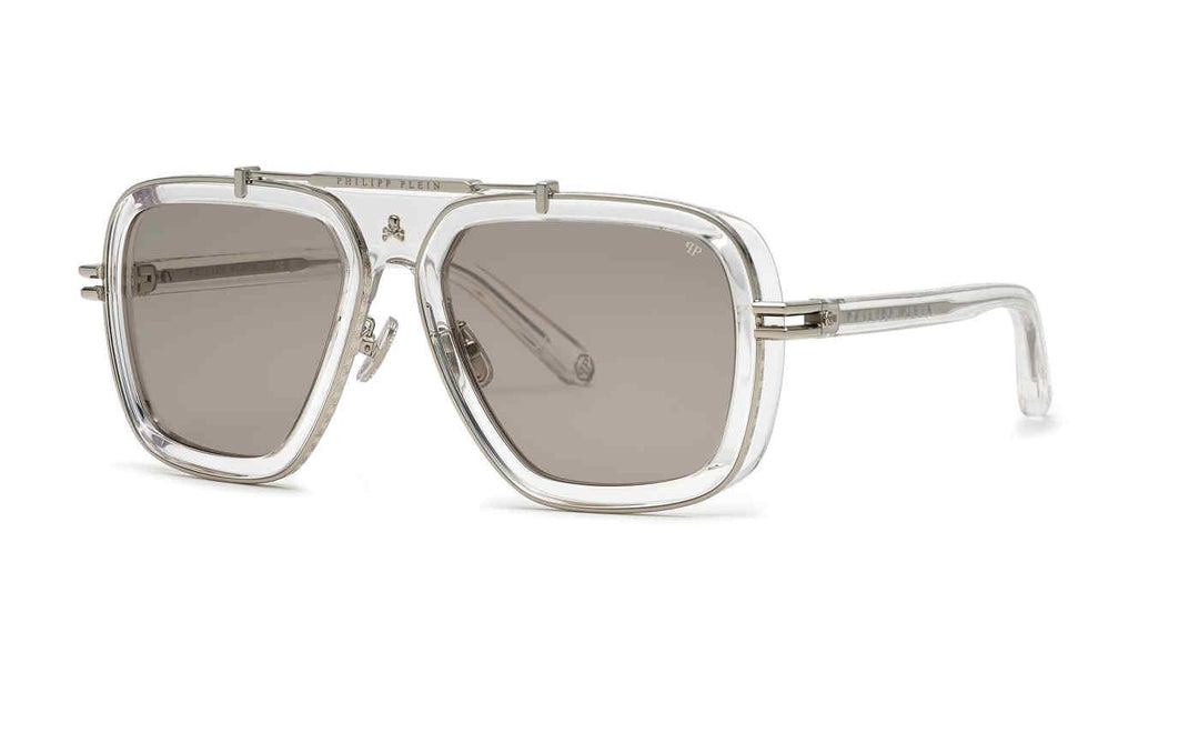 Philipp Plein aviator clear sunglasses with silver frame and gray tinted lenses