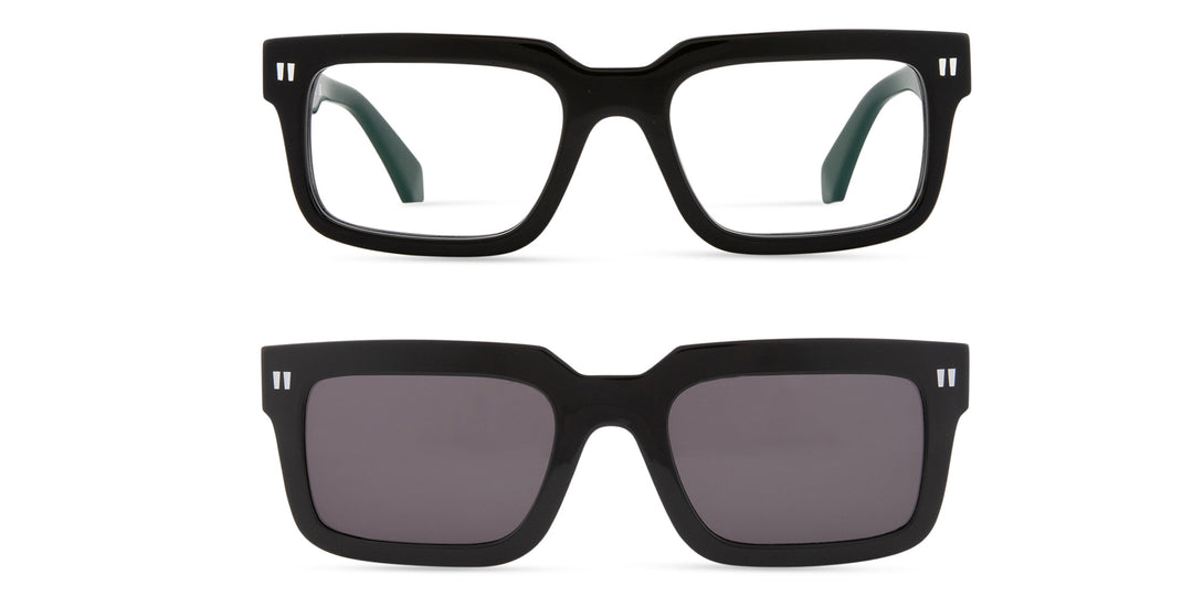 Off-White clip-on sunglasses, black frames with clear and dark tinted lenses