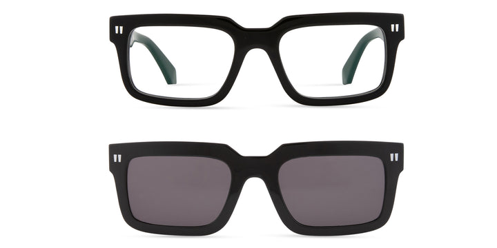 Off-White clip-on sunglasses, black frames with clear and dark tinted lenses