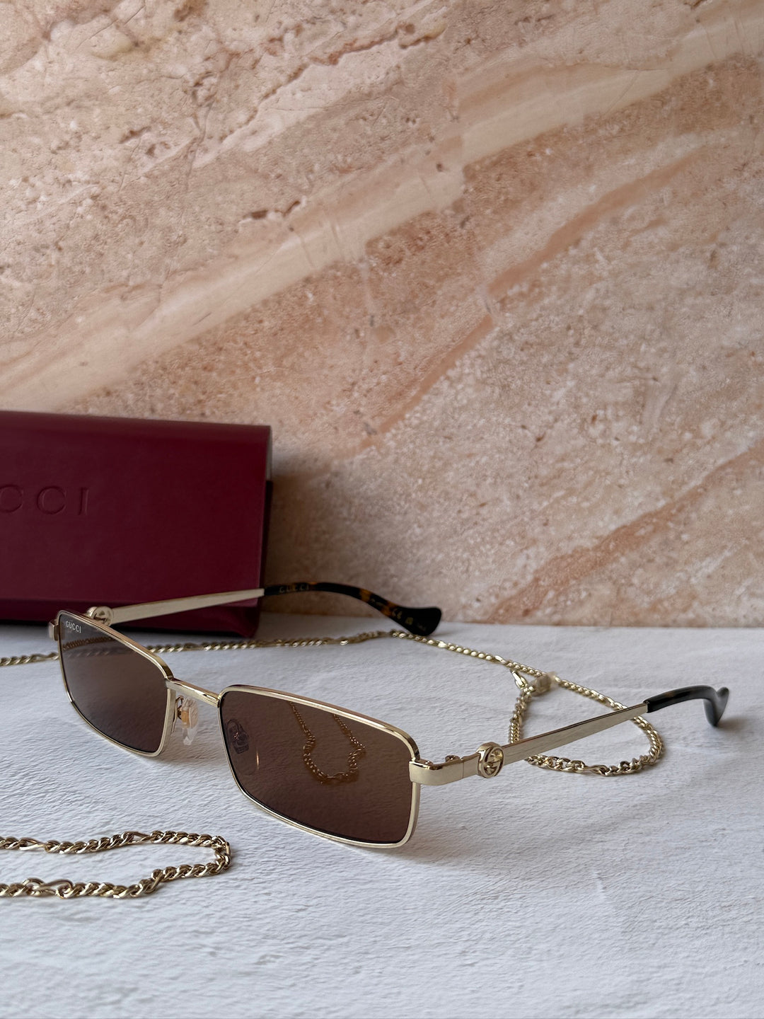 Gucci GG1600S Gold Brown Chain Rectangular Sunglasses