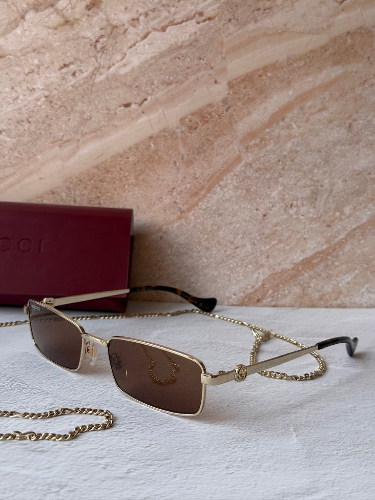Gucci GG1600S Gold Brown Chain Rectangular Sunglasses