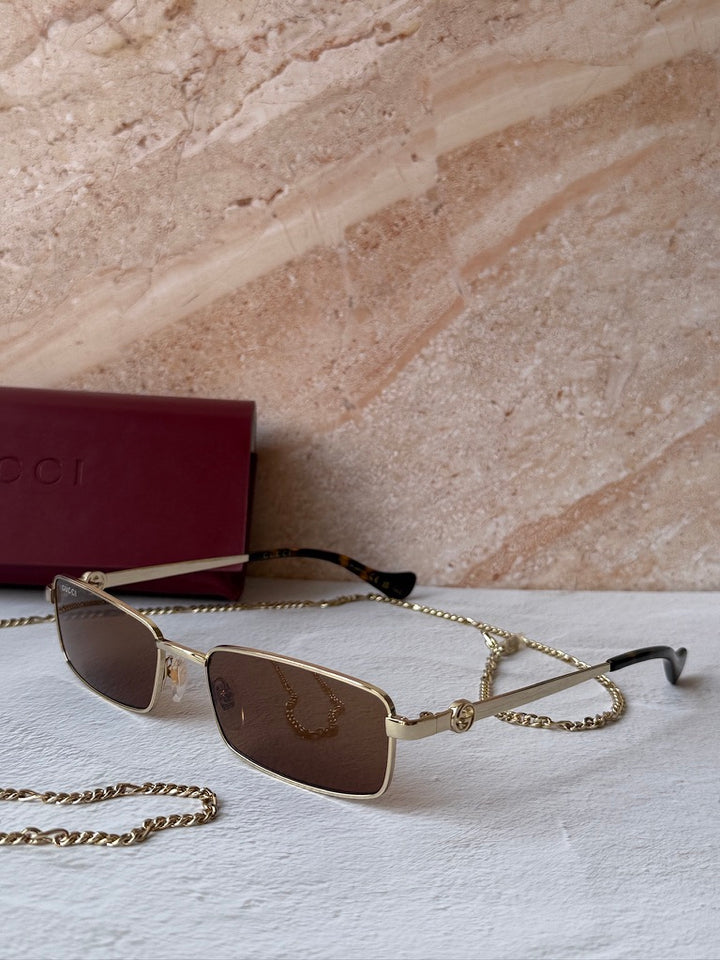 Gucci GG1600S Gold Brown Chain Rectangular Sunglasses