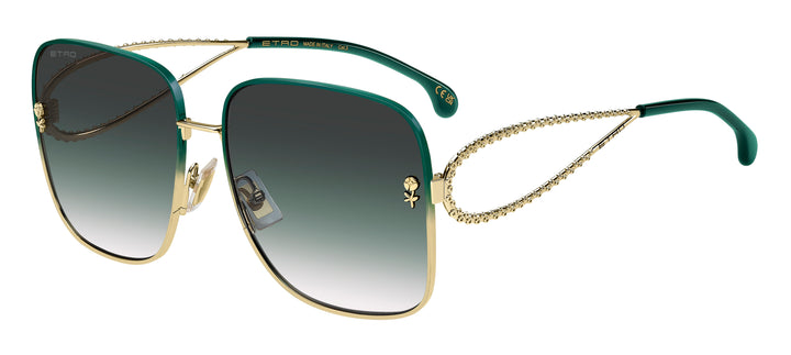 Etro square sunglasses with green frames, gold rims, and chain temple detail