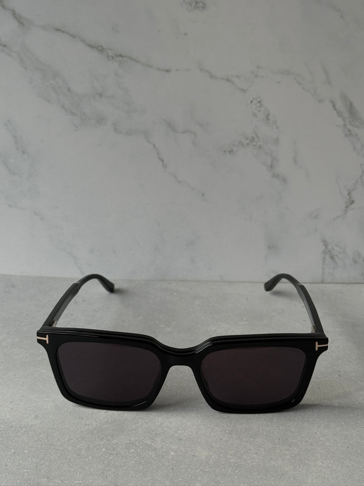 Black rectangular sunglasses, front view with dark tinted lenses
