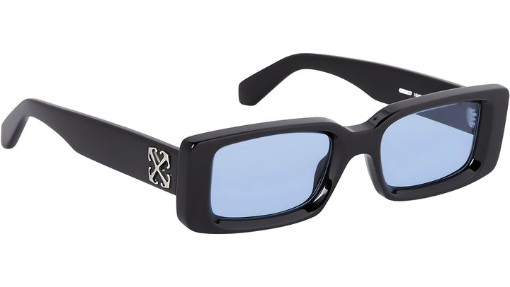 Black sunglasses with rectangular frames and blue tinted lenses, logo on temple