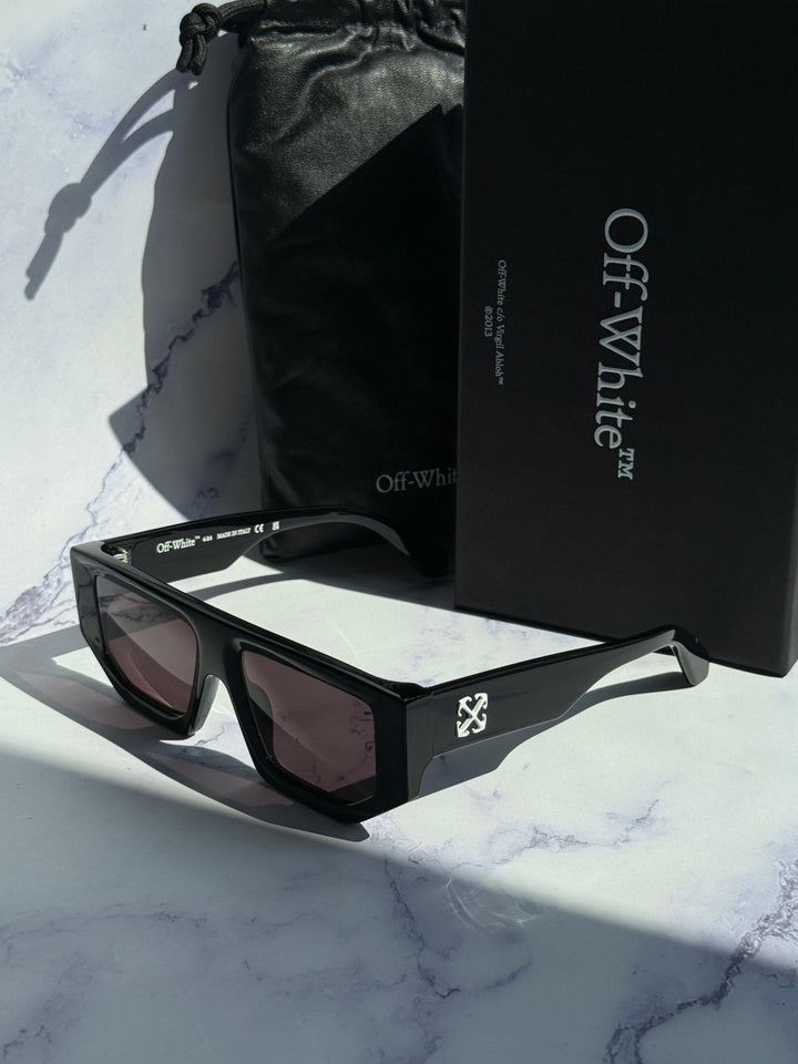 Off-White black square sunglasses with dark lenses, front angled