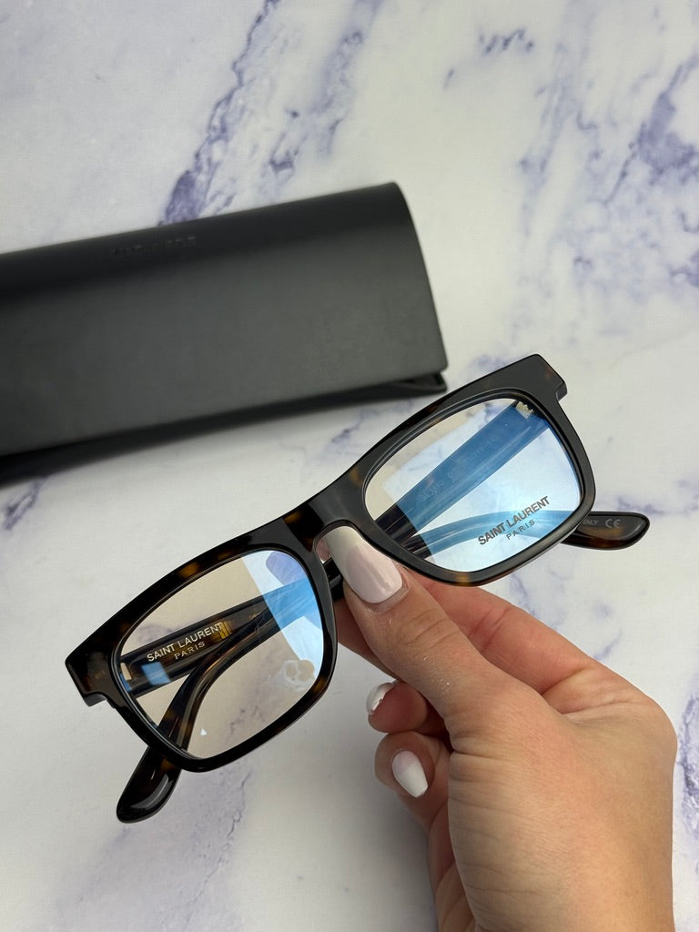 Saint Laurent square eyeglass frames with blue-tinted lenses, dark brown tortoise