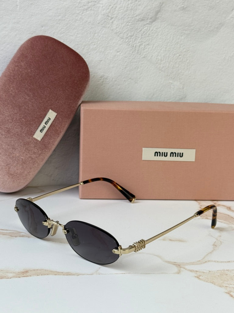 Miu Miu MU A54S Gold Grey Oval Rimless Sunglasses