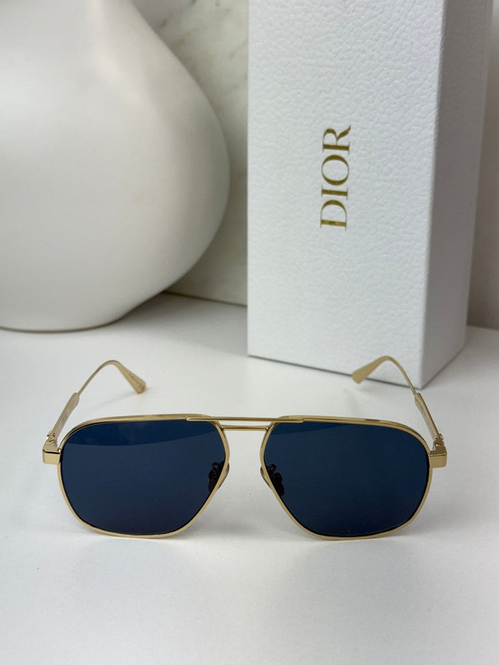 Gold-tone aviator sunglasses with dark blue lenses, front view