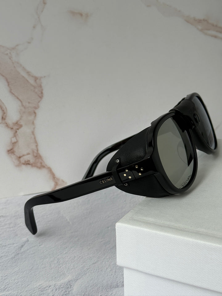 Celine CL40301U Black Leather Shield Aviator Sunglasses