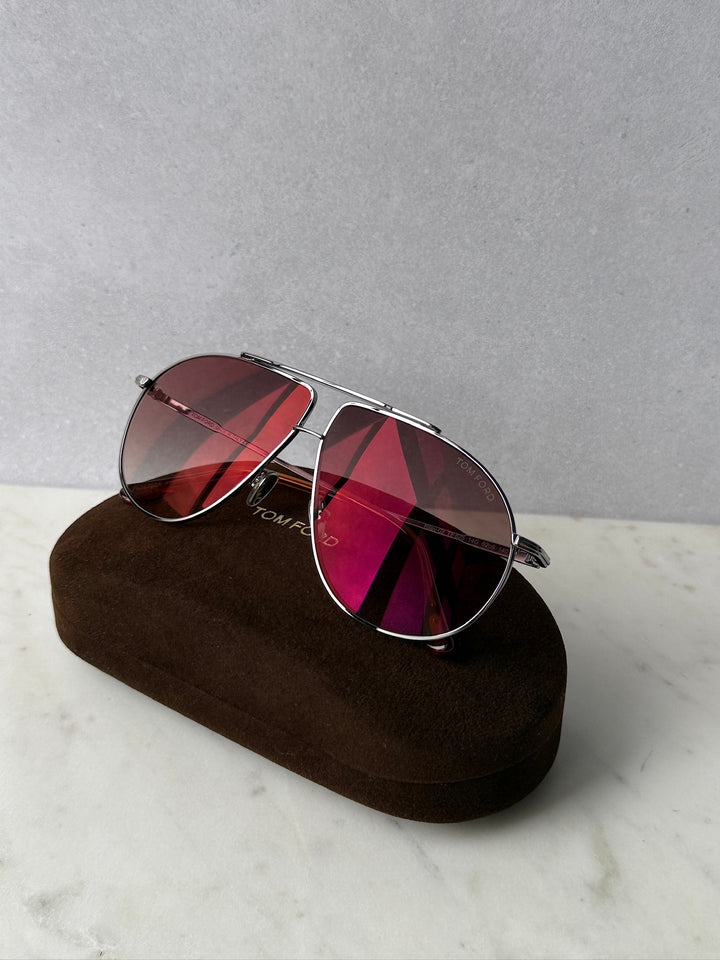 Ruthenium brown aviator sunglasses with burgundy tinted lenses, case included
