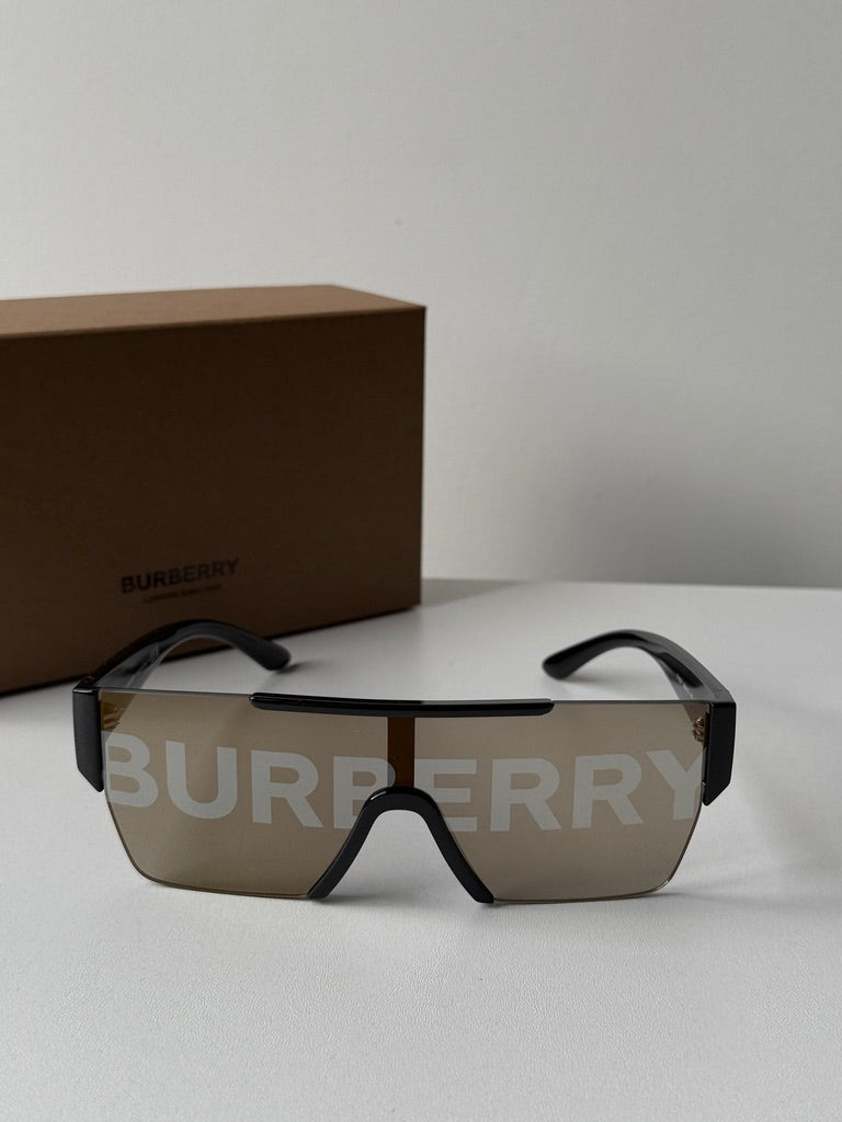 burberry goggles Burberry BE4291 Mirrored Shield Sunglasses in Black Gold – Designer Daydream