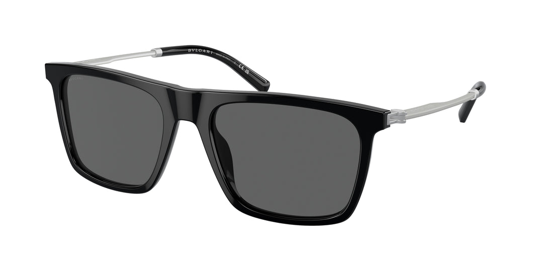 Rectangular black sunglasses, dark gray lenses, silver temple arms