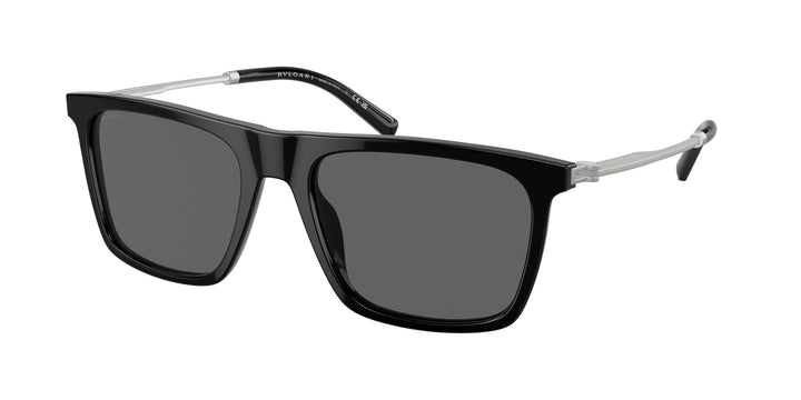 Rectangular black sunglasses, dark gray lenses, silver temple arms