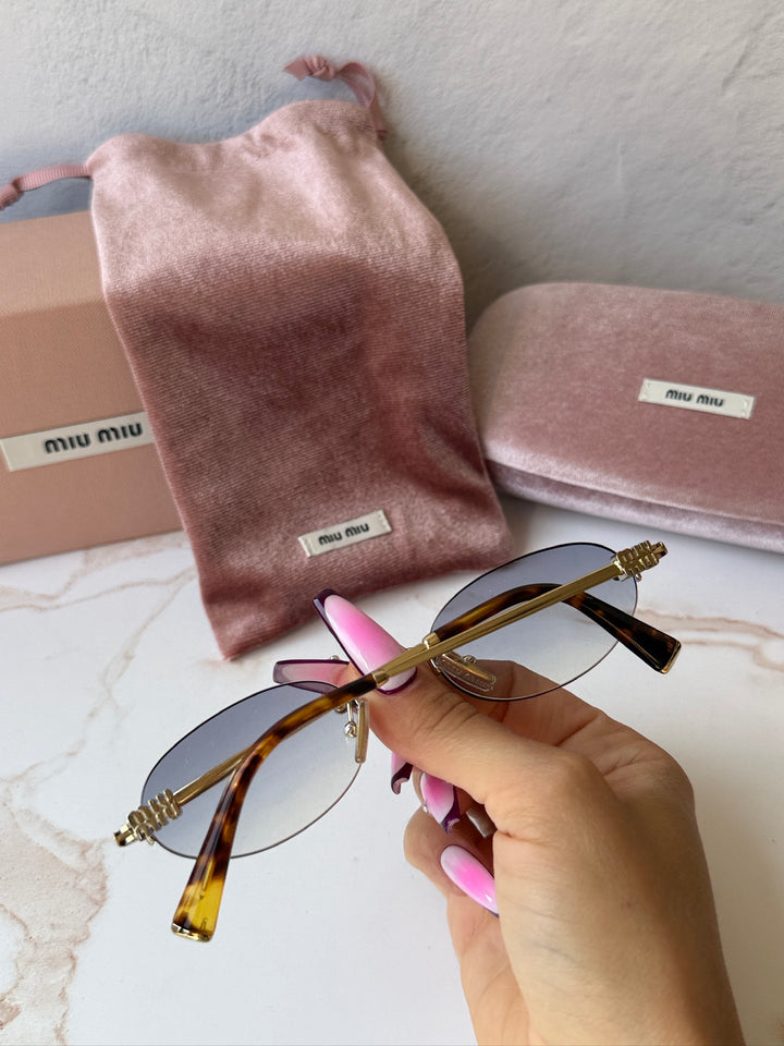 Miu Miu MU A54S Gold Blue Oval Rimless Sunglasses