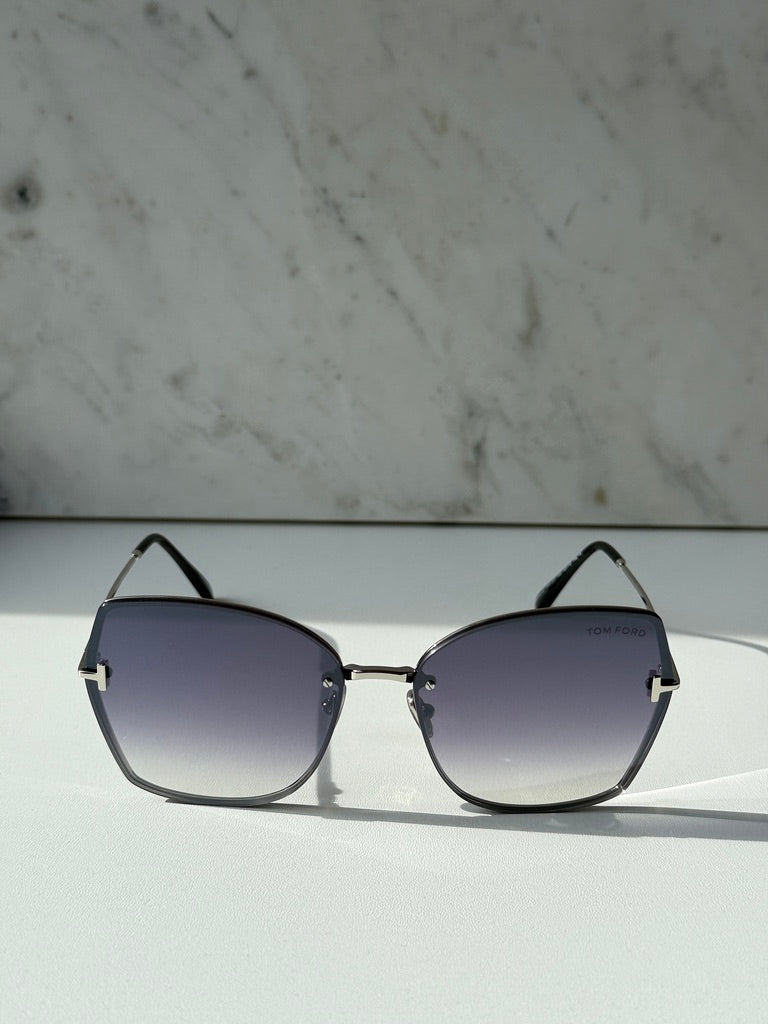 Silver grey shield sunglasses with dark gradient lenses, front view