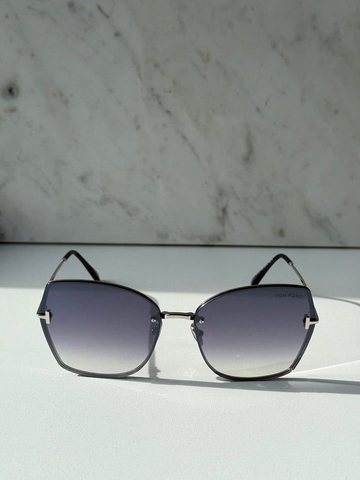 Silver grey shield sunglasses with dark gradient lenses, front view