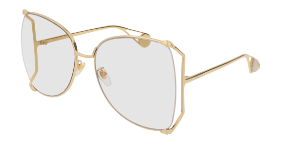 Gucci oversized cutout square metal sunglasses with clear lenses, gold-tone frames