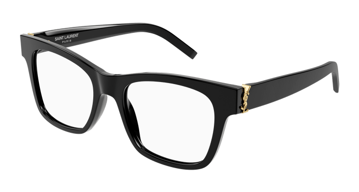 Black rectangular eyeglass frames with gold-tone temple accents and full-rim lenses