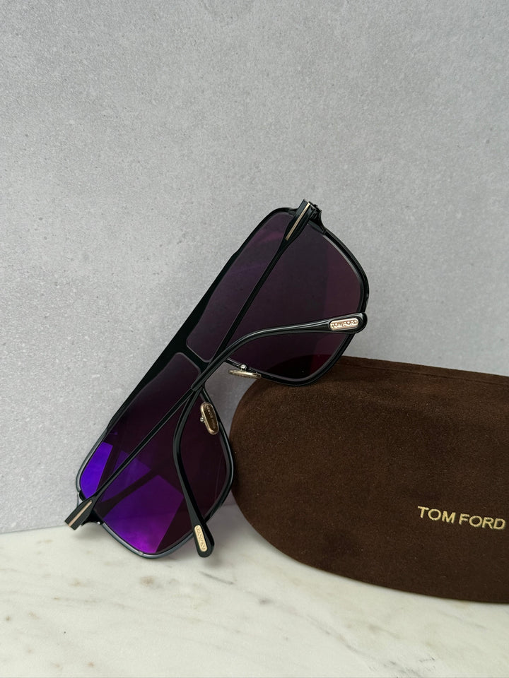 Zappa black aviator sunglasses with purple lenses and hinge detail, brown TOM FORD case