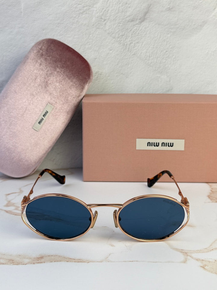 Miu Miu MU52YS Rose Gold Blue Oval Metal Sunglasses