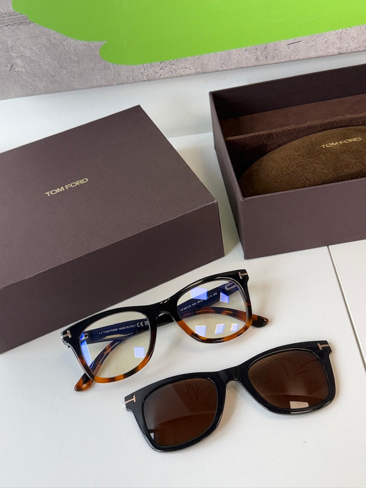 Tom Ford black square clip-on sunglasses, tortoise temples, brown lenses