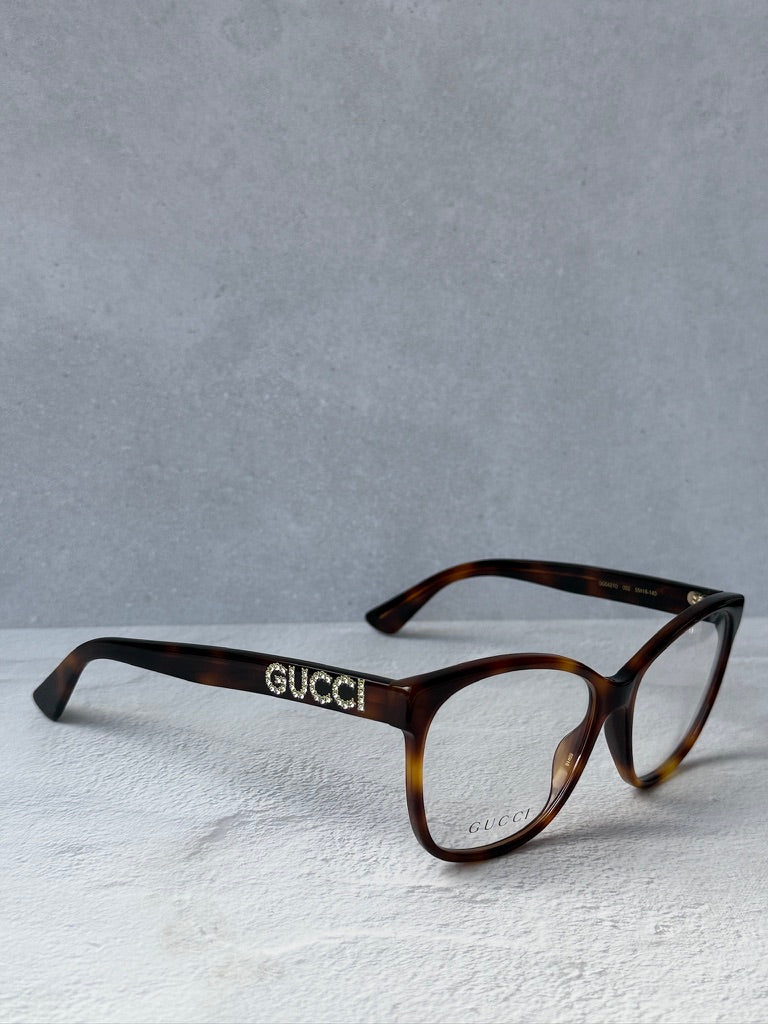 Gucci GG0421O Crystal Logo Cat Eye Eyeglasses Frames in Havana Brown